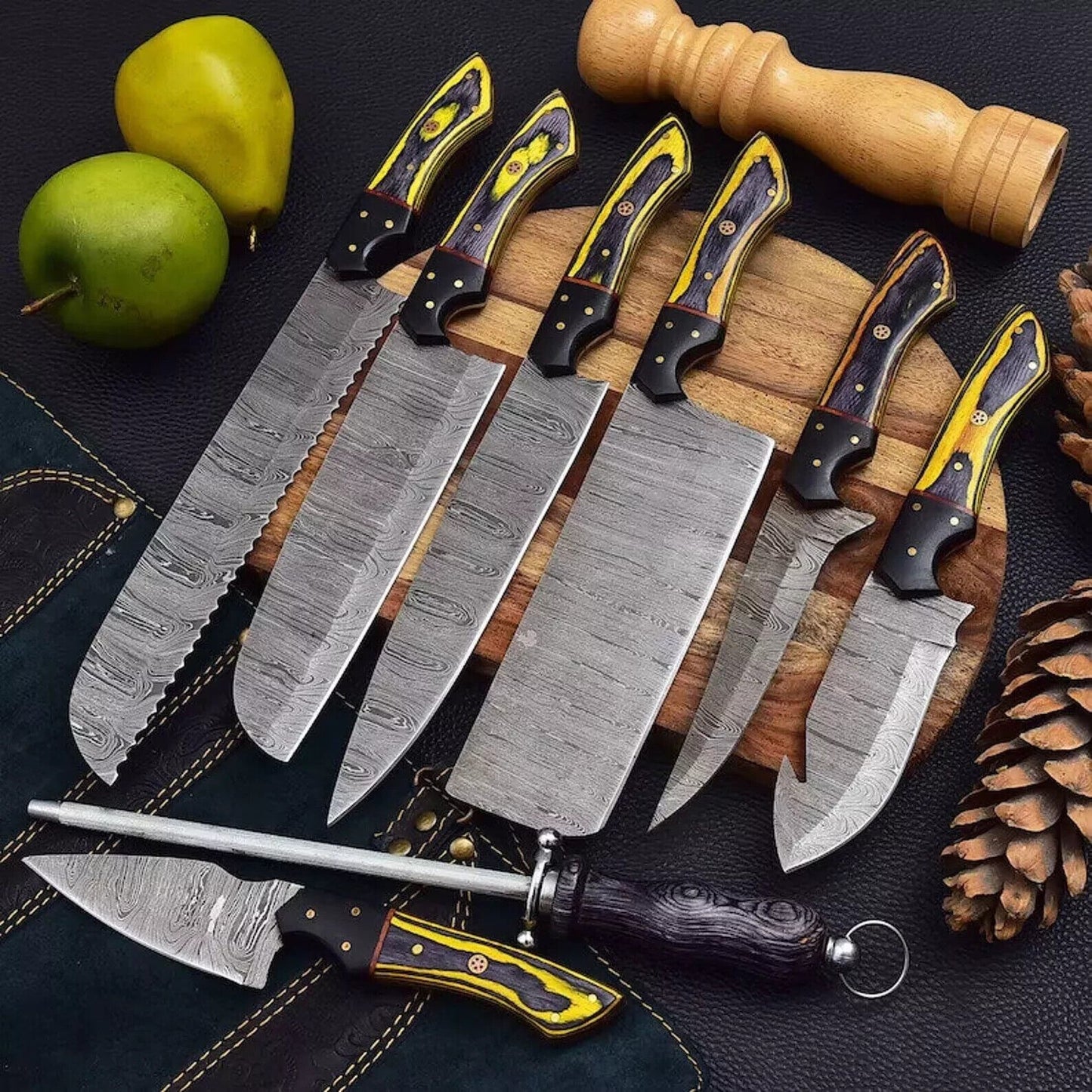 8-Piece Handmade Damascus Steel Chef Knife Set with Rosewood Handle & Leather Roll Bag
