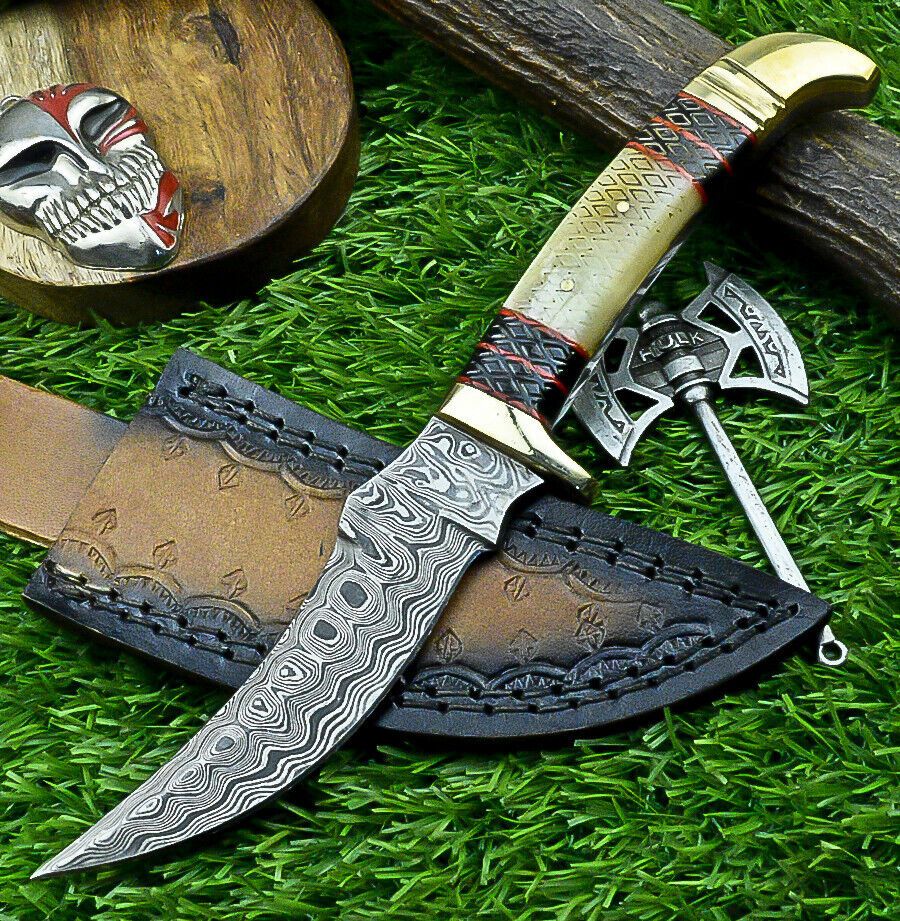8.5" Custom Damascus Bowie Knife with Bone Handle & Brass Bolster