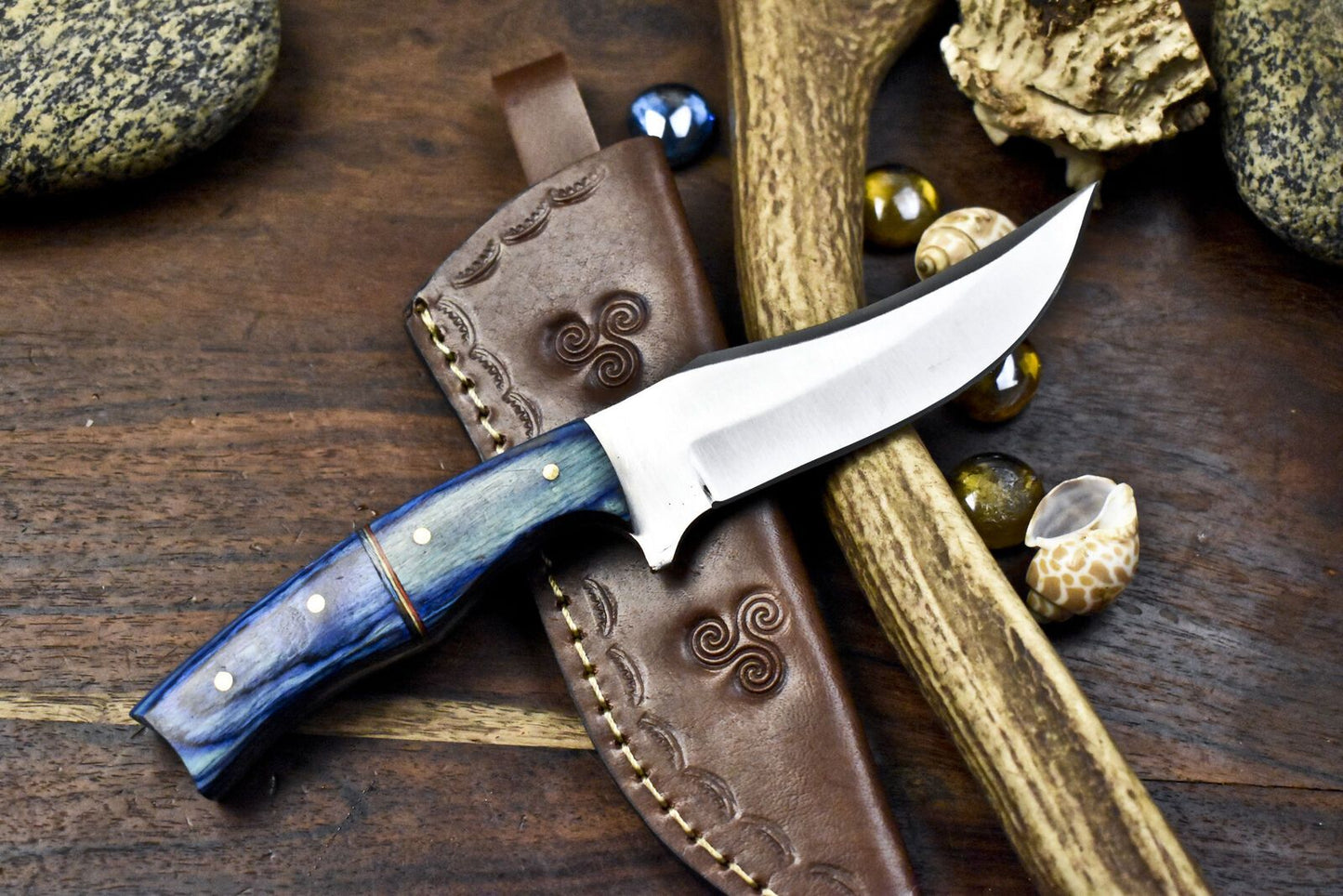 8" Custom Skinner Knife – AUS-8 Steel Blade, Hardwood Handle, Leather Sheath Sports Veterans Gift