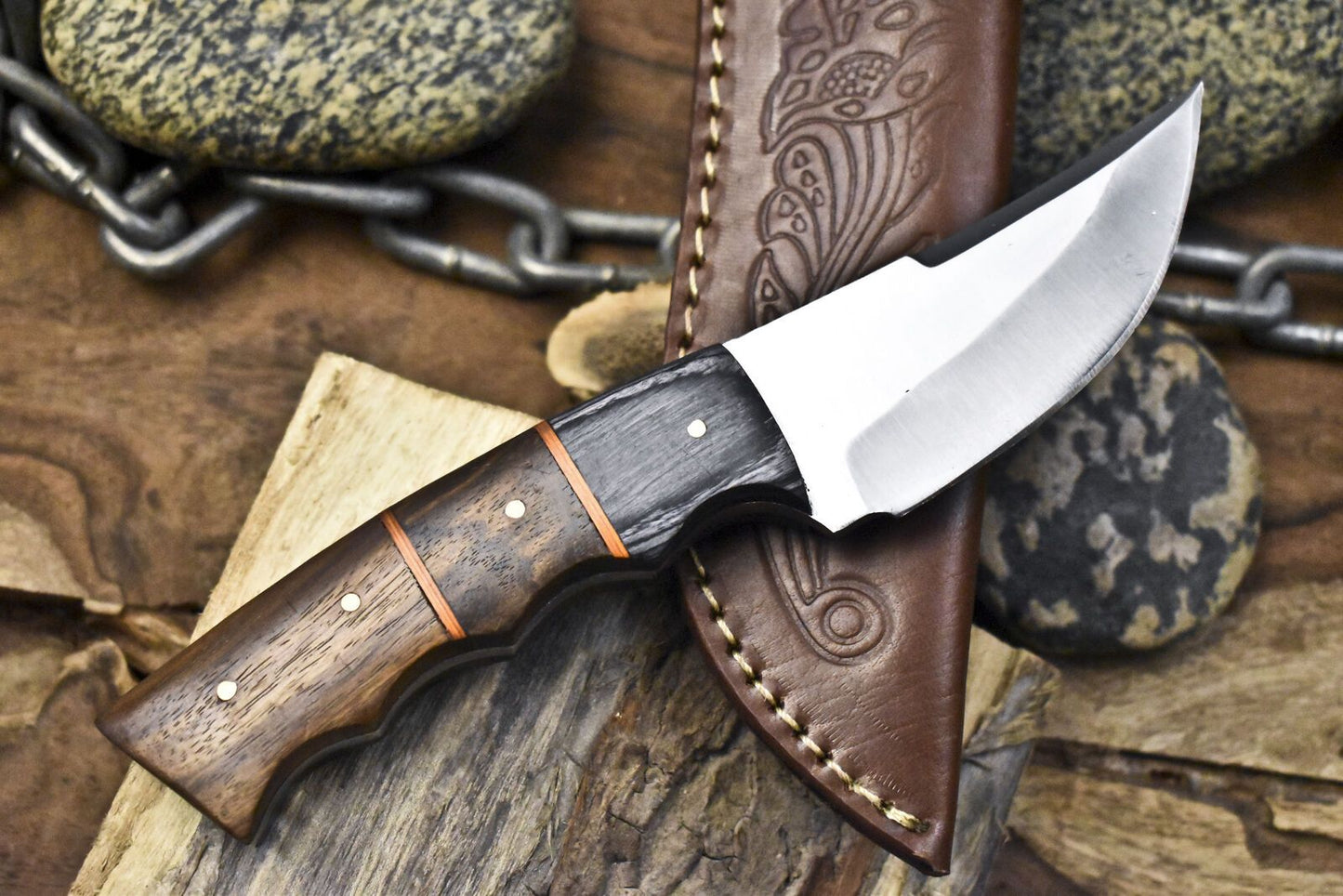 8" Custom Skinner Knife – AUS-8 Steel Blade, Walnut Wood Handle, Wooden Bolster, Leather Sheath EDC Knife