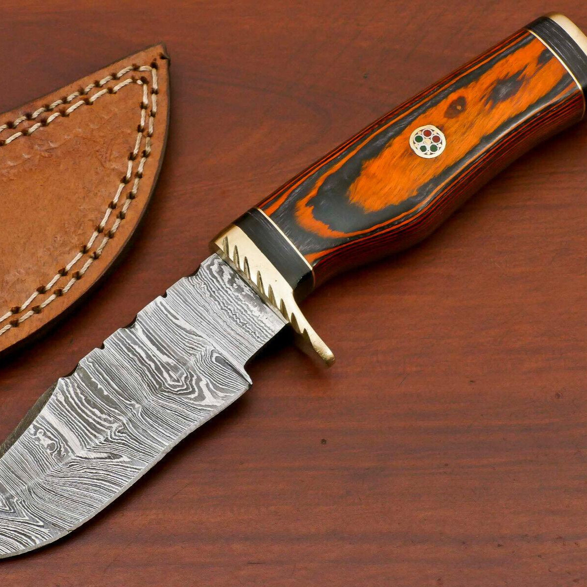 8" Damascus Bowie Hunting Knife – Pakka Wood Handle with Brass Guard