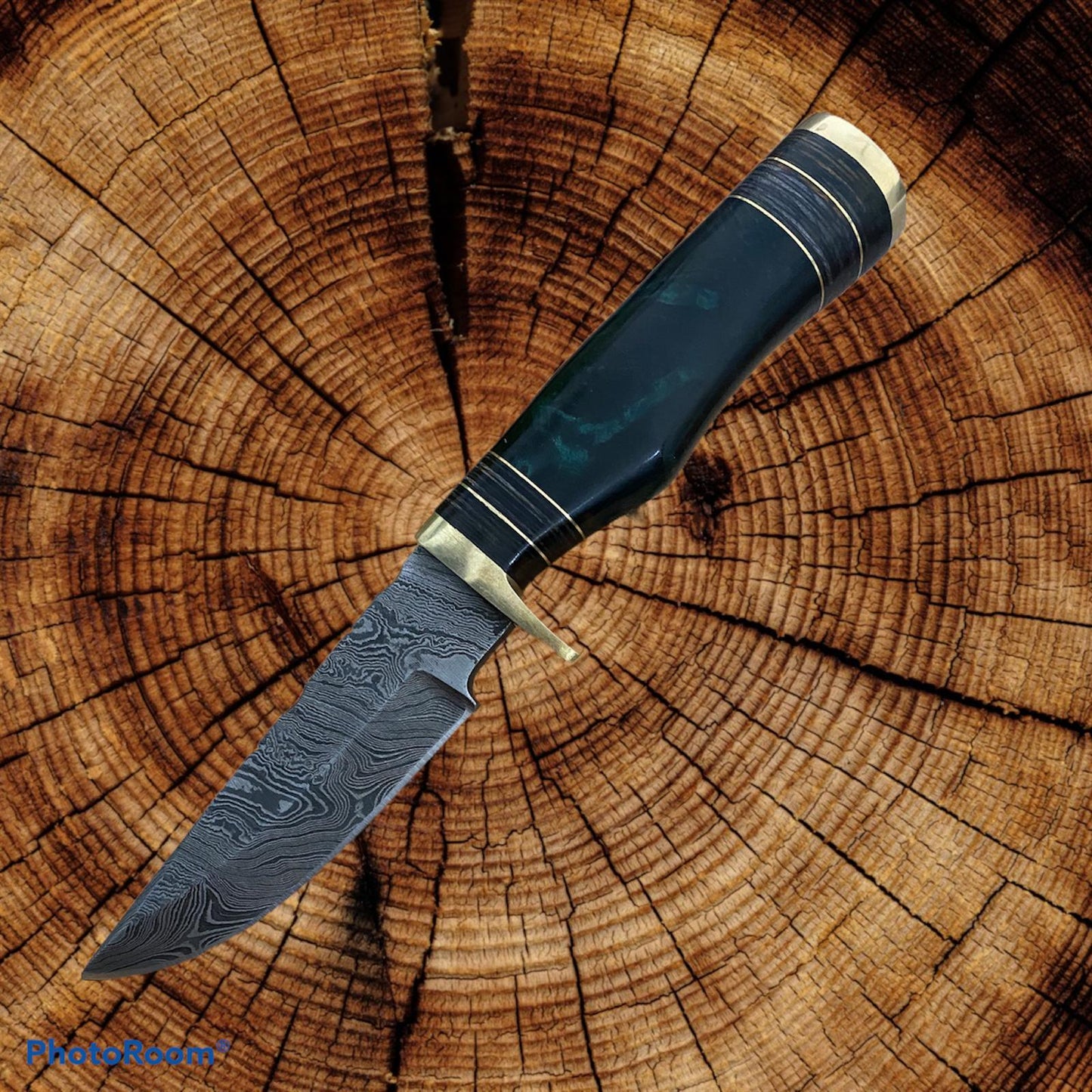 8" Damascus Hunting Knife – Resin & Brass Guard Handle with Leather Sheath