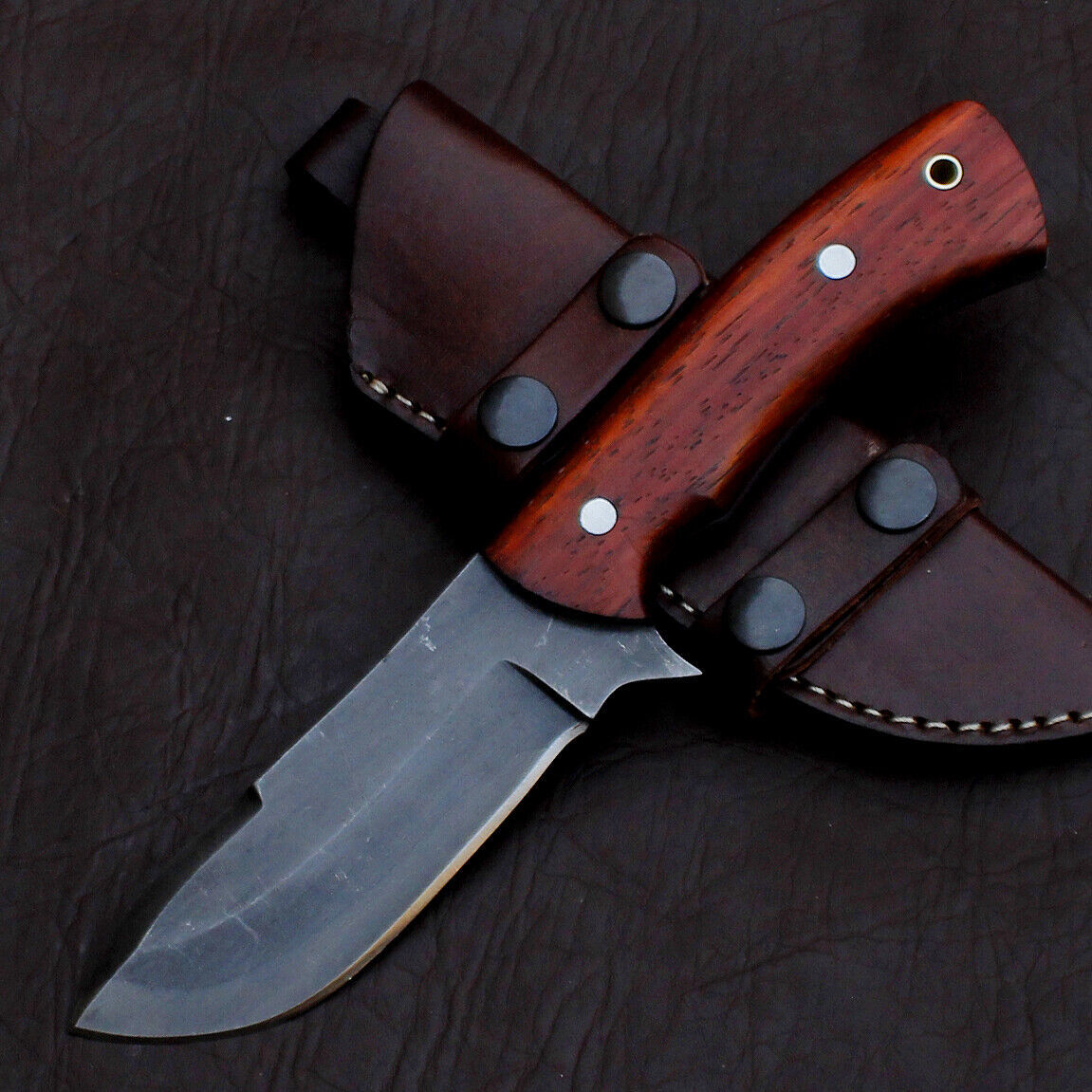 8" Hand Forged D2 Steel Hunting Skinner Fixed Blade Knife Hardwood Handle with Leather Sheath