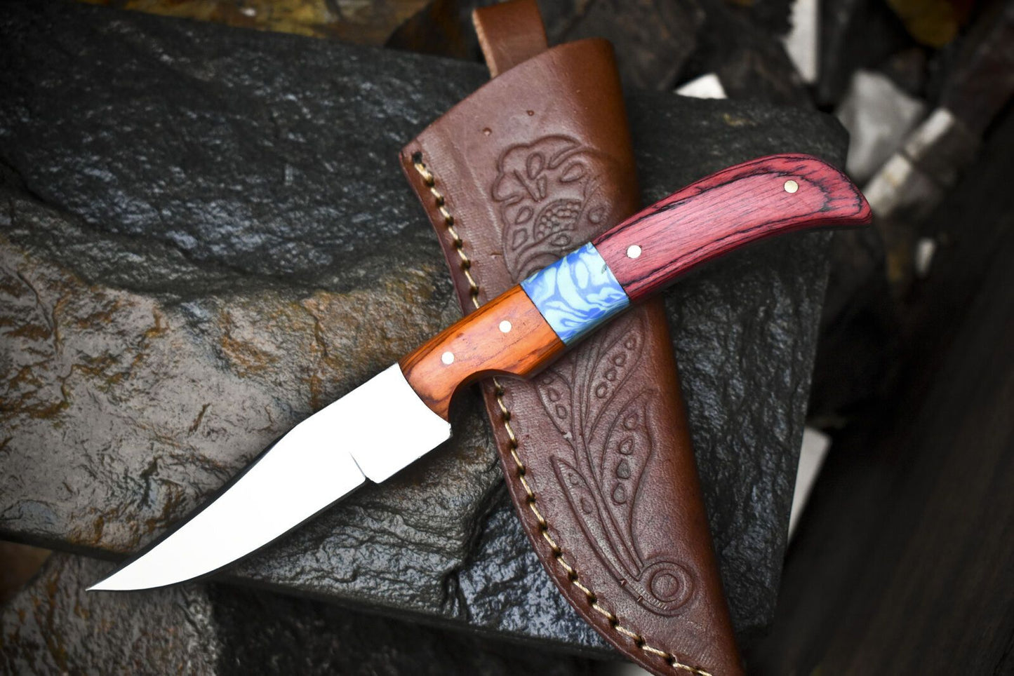 8" Skinner Knife – AUS-8 Steel Blade, Hardwood Handle, Wooden Bolster, Leather Sheath Camping Knife