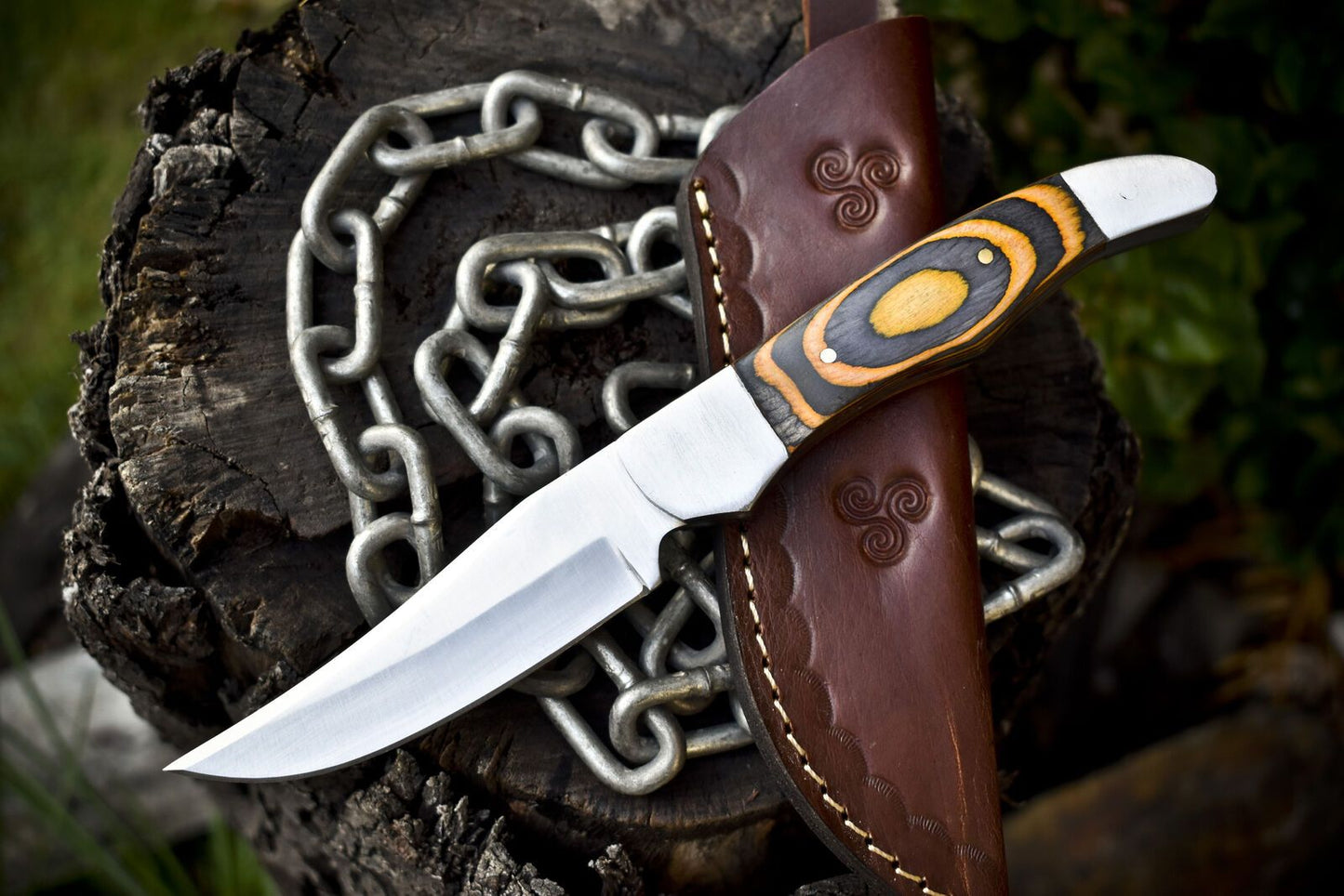 9.5" AUS-8 Steel Skinner Knife with Hard Wood Handle & Steel Bolster Leather Sheath