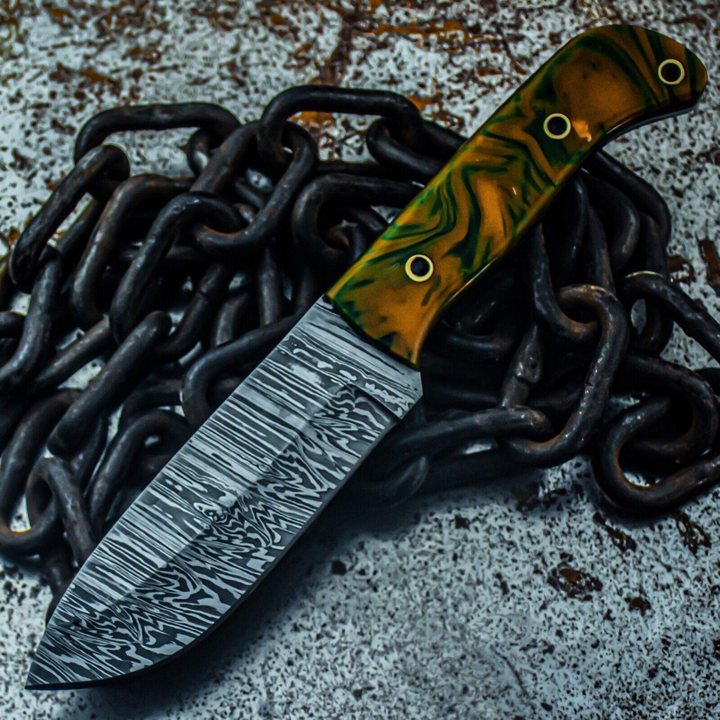 9.5" Custom Damascus Steel Bowie Knife – Resin Handle + Leather Sheath