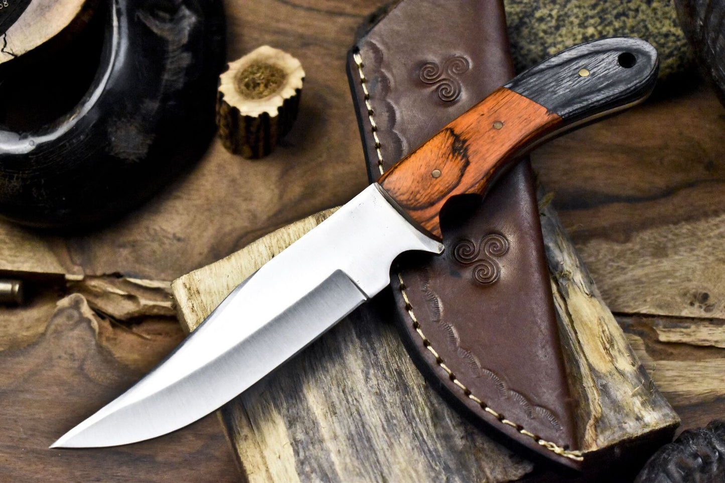 9" Edge Forged AUS-8 Steel Skinner Knife – Hardwood Handle with Leather Sheath