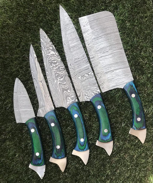 9" to 13" Custom Hand Forged Twist Damascus Steel Chef Knife Set with Pakka Wood Handle