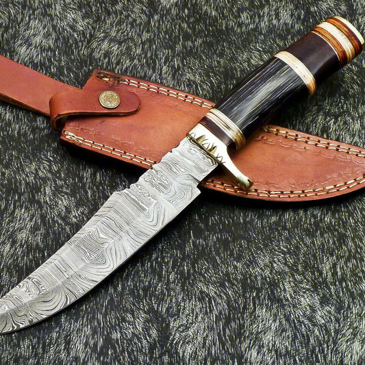 Authentic 13" Handmade Damascus Bowie Hunting Knife – Hardwood Handle with Leather Sheath