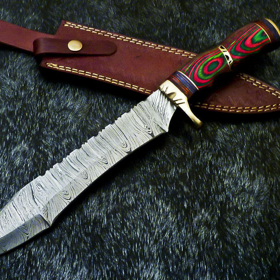 Authentic Hand Forged Damascus Bowie Hunting Knife – Multi-Color Hard Wood Handle, 14" Overall