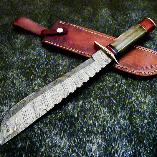 Authentic Hand Forged Damascus Bowie Hunting Knife – Stained Bone Handle, 15" Overall