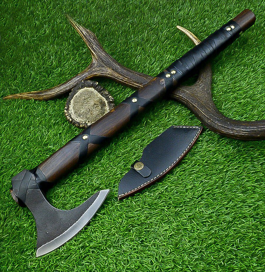 Authentic Handmade Carbon Steel Viking Axe with Leather Wrapped Wood Handle and Leather Sheath