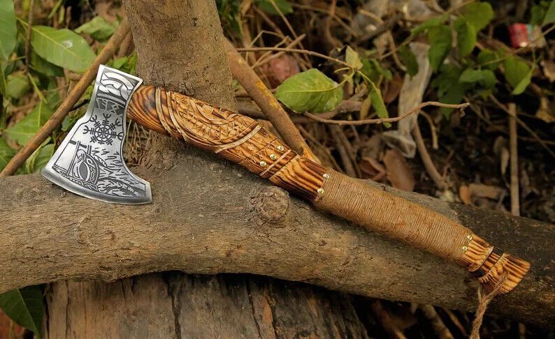 Battle Ready Viking Axe Hand Forged Carbon Steel with Hardwood Handle and Leather Sheath