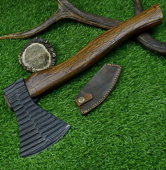 Viking Battle Tomahawk Axe – Handcrafted Carbon Steel Blade with Rose Wood Handle and Leather Sheath, 17 Inch