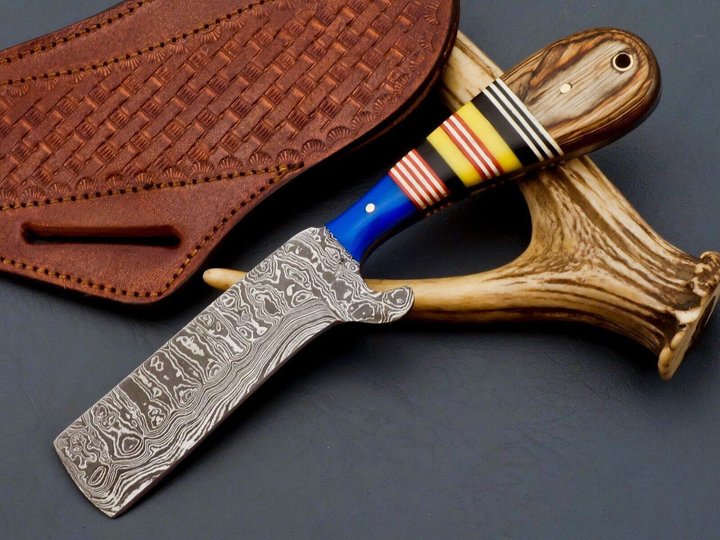 Best 8" Best Damascus Steel Bull Cutter Knife Custom Cowboy Bull Knife with Leather Sheath