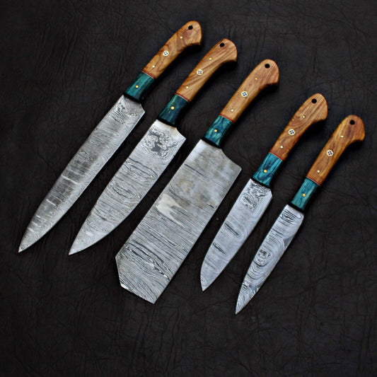Black Beer 5-Piece Handmade Chef Knife Set – Damascus Steel Custom Kitchen Knives