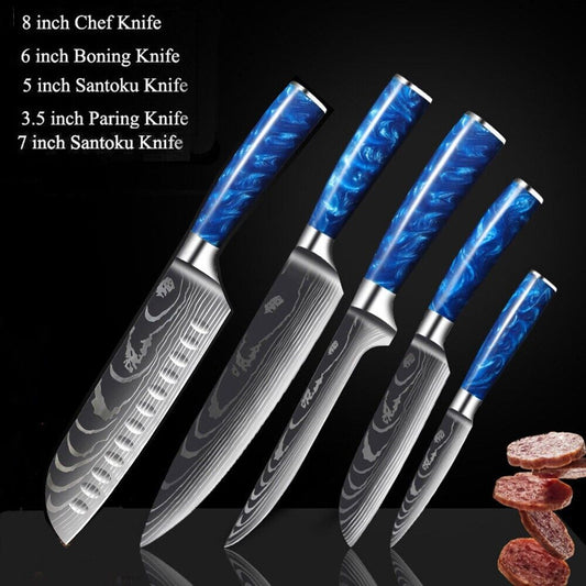 Blue 5PC Japanese Kitchen Knives Laser Damascus Pattern Chef Knife Set with Scabbards