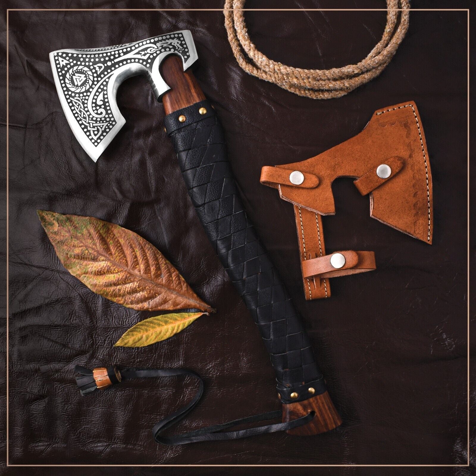 Brok Viking Axe Hand Forged Carbon Steel Bearded Battle Axe with Rosewood Handle and Leather Sheath