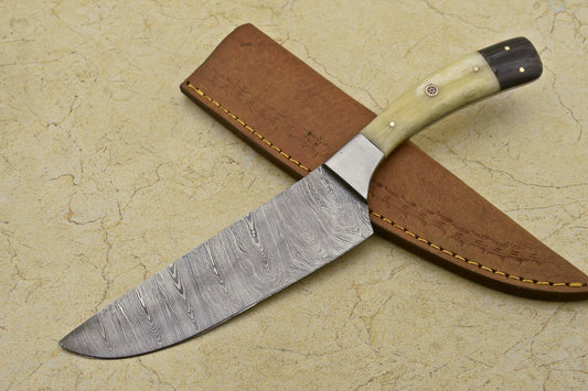 CUSTOM HANDMADE DAMASCUS CHEF Knife – Camel Bone & Bull Horn Handle