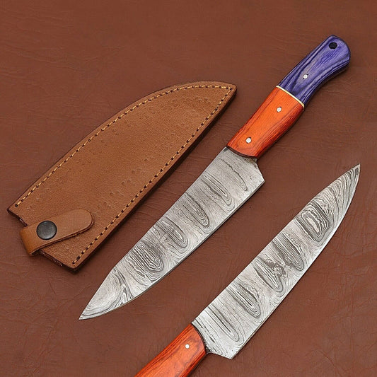 Custom Handmade Damascus Steel Chef Kitchen Knife | 12" Wood Handle with Leather Sheath