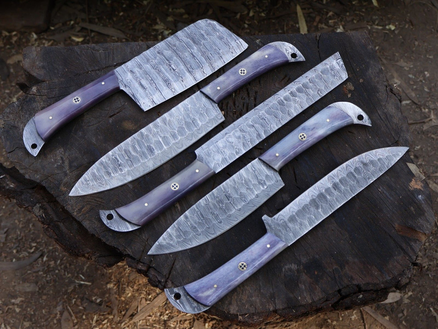 Chef Set Handmade Damascus Blade Kitchen 5pcs Kitchen Knife Tool with Leather Sheath