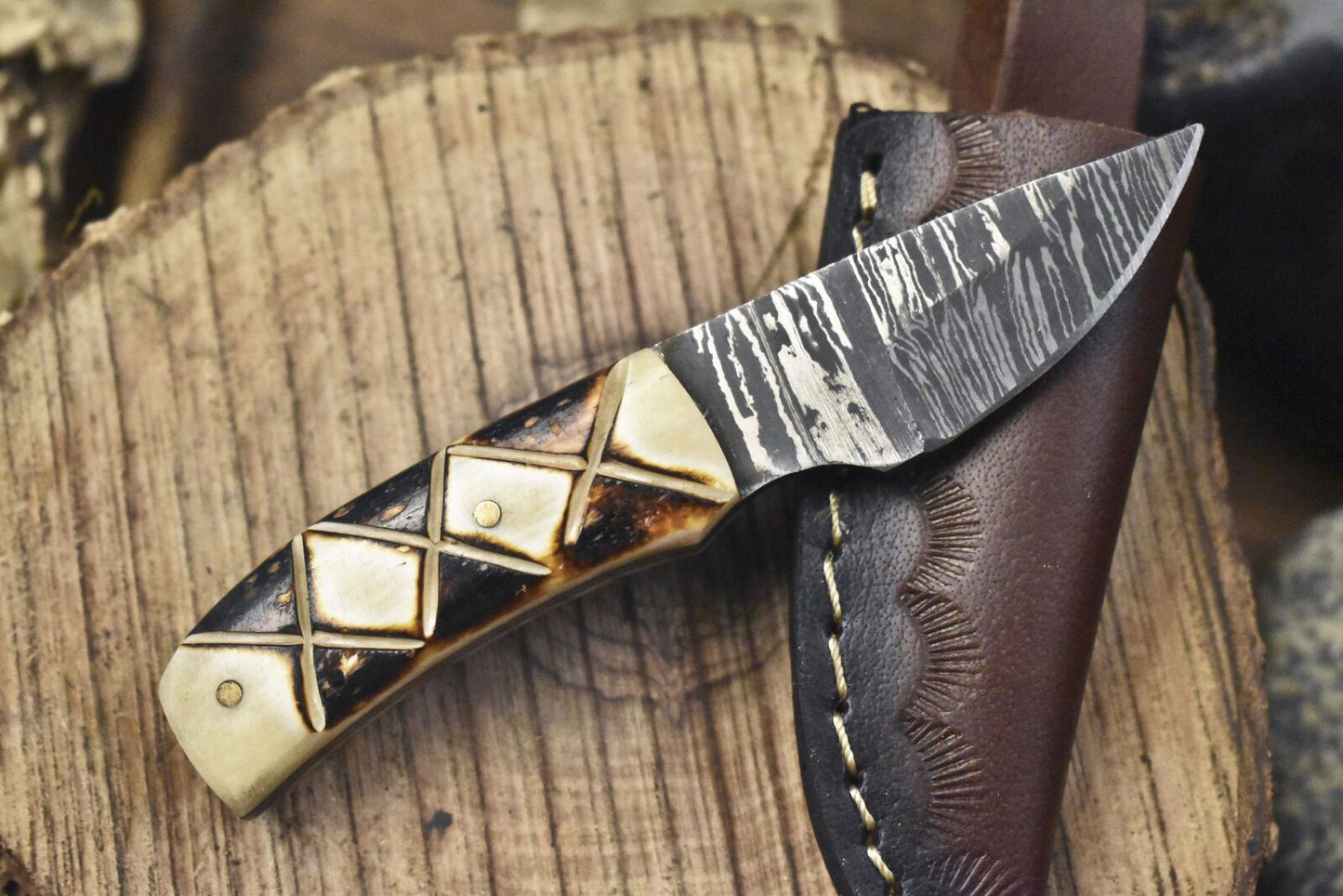 Compact Handmade Damascus Skinner Knife with Bone Handle – Twist Pattern Veterans Gift