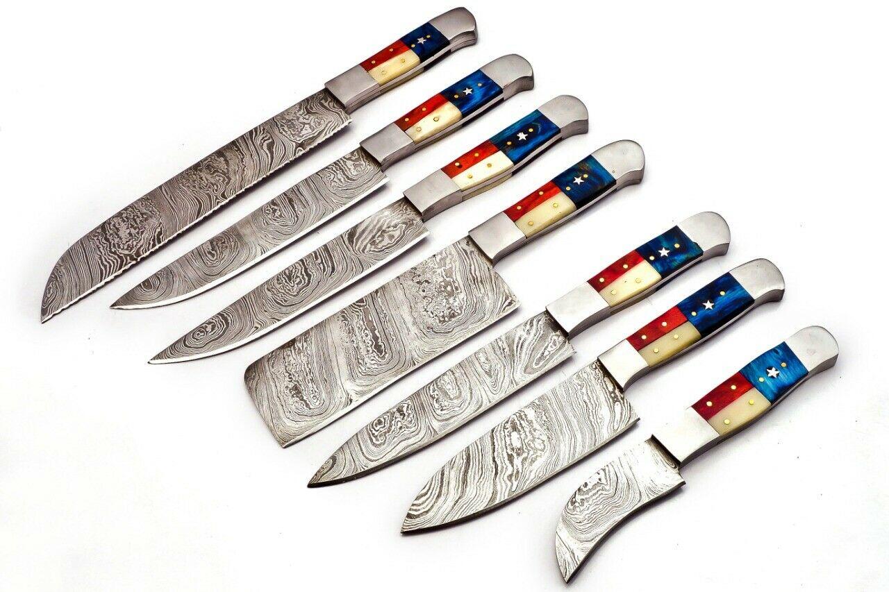 Custom Damascus Steel Chef Knife Set – Full Tang Texas Flag Knives with Leather Sheath