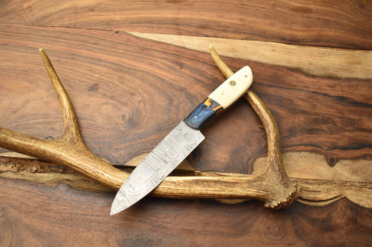 Custom Handmade Chef Knife – Damascus Steel Blade with Camel Bone Handle & Leather Sheath