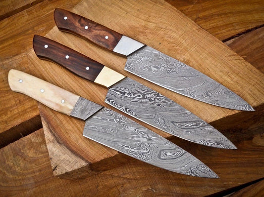 Custom Handmade Damascus Chef Knife Set 3pcs – Rosewood & Camel Bone Handle