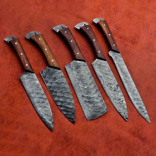 Custom Handmade Damascus Steel 5-Piece Chef Knife Set with Wood Handle