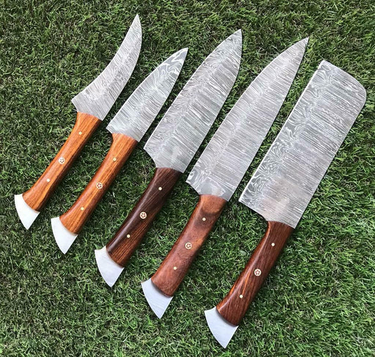 Custom Handmade Twist Damascus Steel Chef Knife Set – 5PC with Walnut Wood Handle