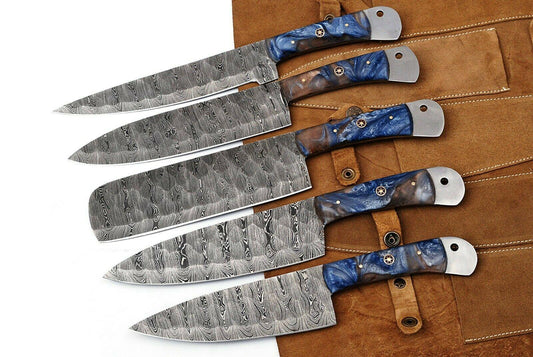 Custom Handmade Twist Damascus Steel Chef Knife Set – Walnut Wood Handle