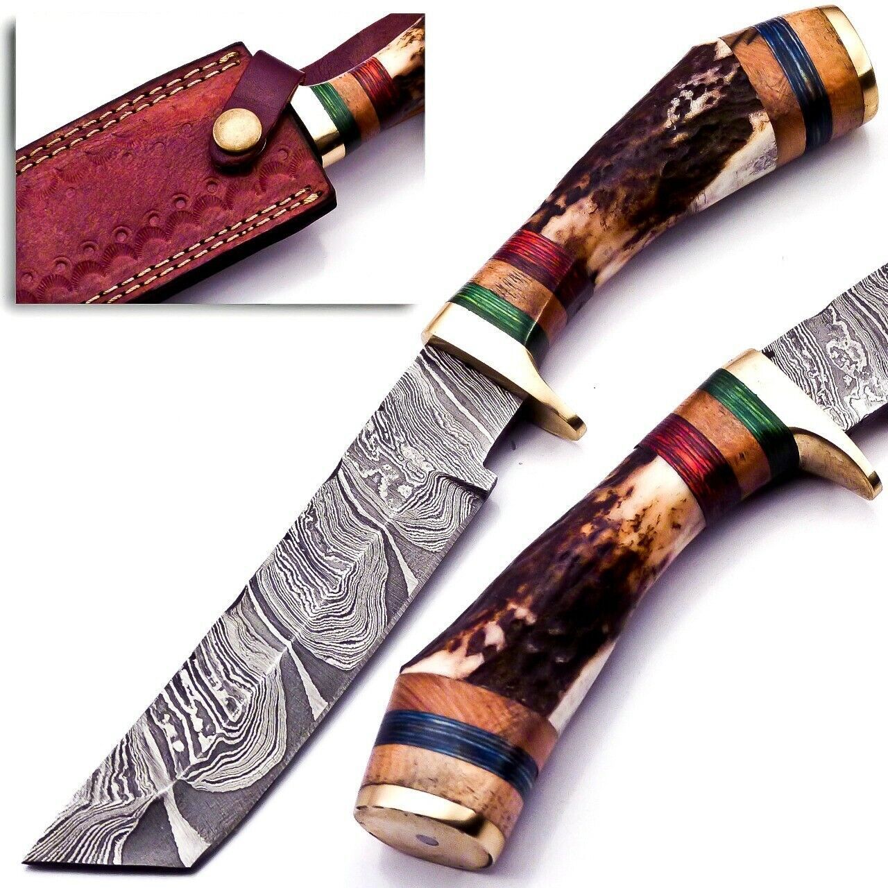 Custom 9.25" Damascus Bowie Knife with Deer Antler Handle
