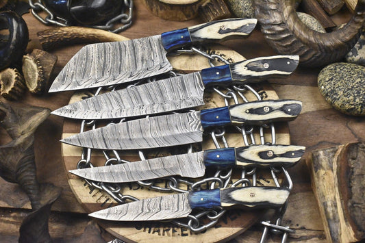 Custom Chef Knife Set – Hand Forged Twist Damascus Steel with Hardwood Handle (Lot of 5 Camping Knives)