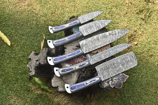 Custom Chef Knife Twist Damascus Hard Wood Lot of 5 | Survival & Kitchen Set