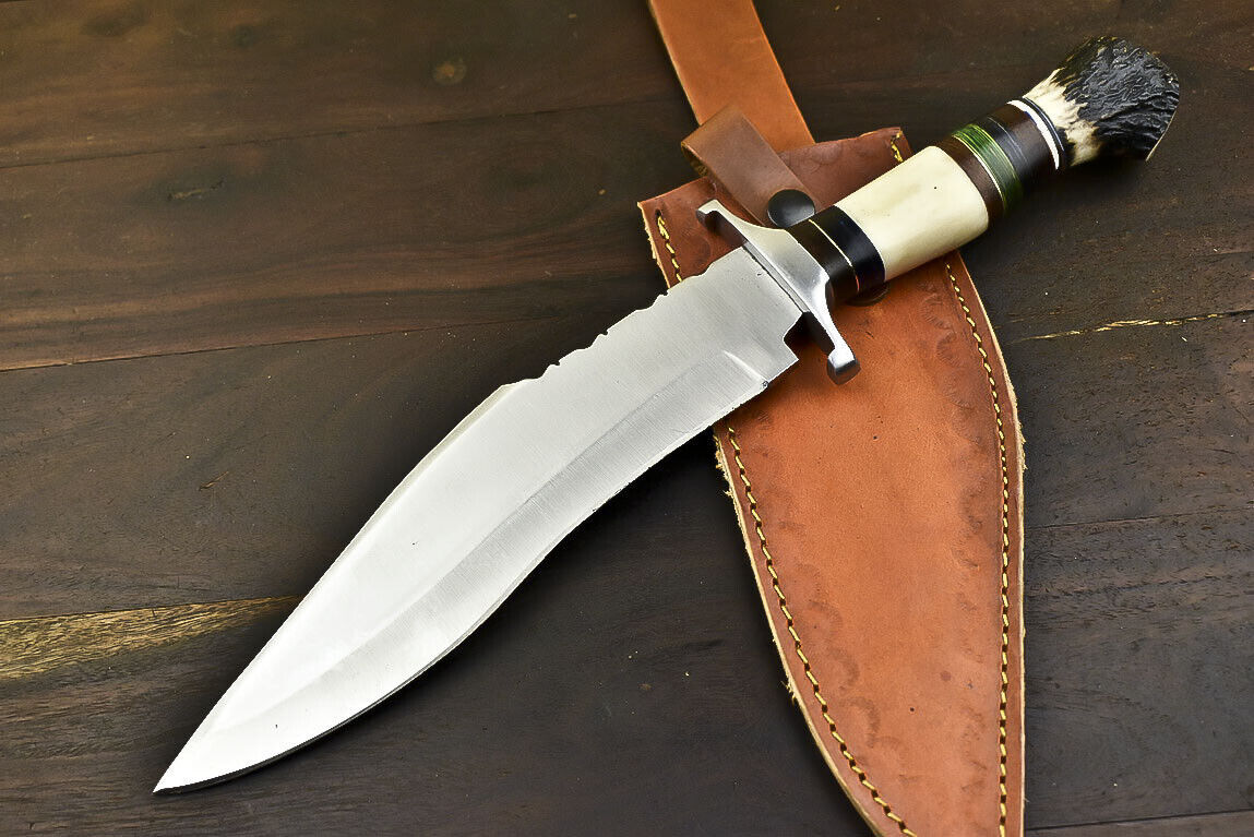 Custom D2 Steel Bowie Knife with Crown Antler Handle – Handmade Hunting Gift with Leather Sheath