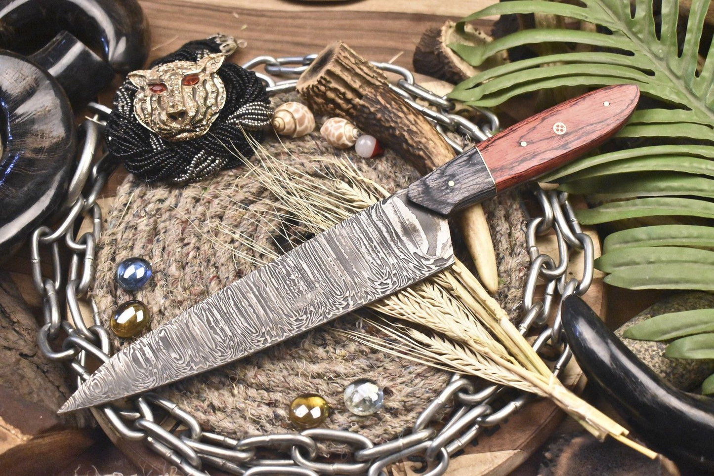 Custom Damascus Chef Knife Twist Damascus Kitchen with Hardwood Handle and sheath