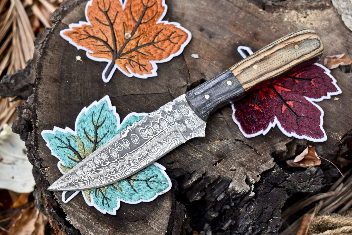 Custom Damascus Skinner Hunting Knife with Rain Drop Pattern and Hardwood Handle