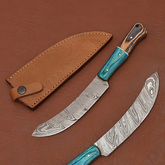 Custom Damascus Steel Fillet & Chef Knife – Handmade with Pakka Wood Grip