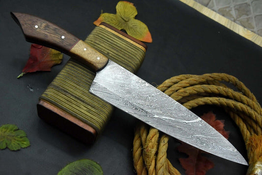 Custom Damascus Steel Fixed Blade Chef Knife | Handmade Kitchen Knife with Walnut Handle
