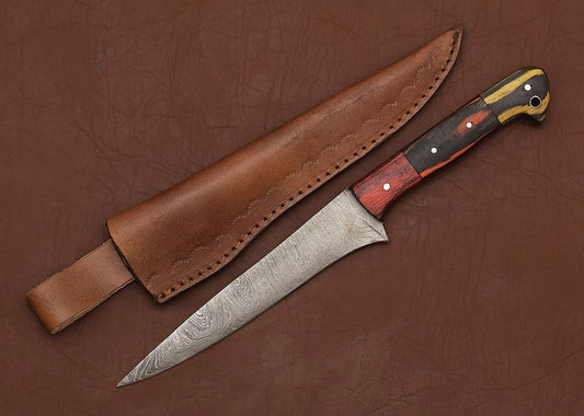 Custom Damascus Steel Hunting & Chef Fillet Knife 8" Blade Pakka Wood Handle Sheath