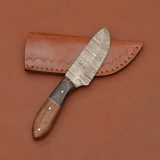 Custom Damascus Steel Skinner Knife with Wood Handle for Hunting Camping and Survival