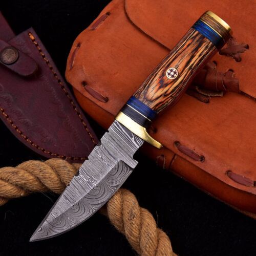 Custom Damascus Steel Tactical Hunting & Survival Knife – Fixed Blade Skinning Tracker with Leather Sheath