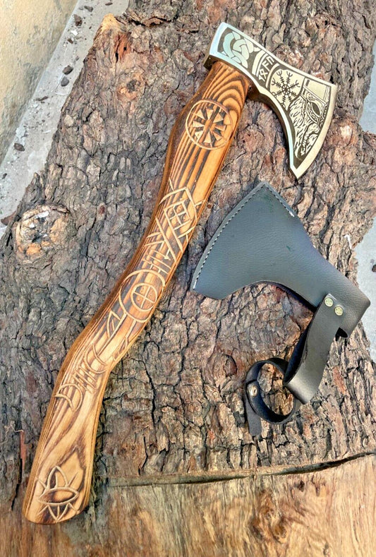 Custom Forged Bushcraft Viking Axe – 22" Carbon Steel Camping Hatchet with Leather Sheath