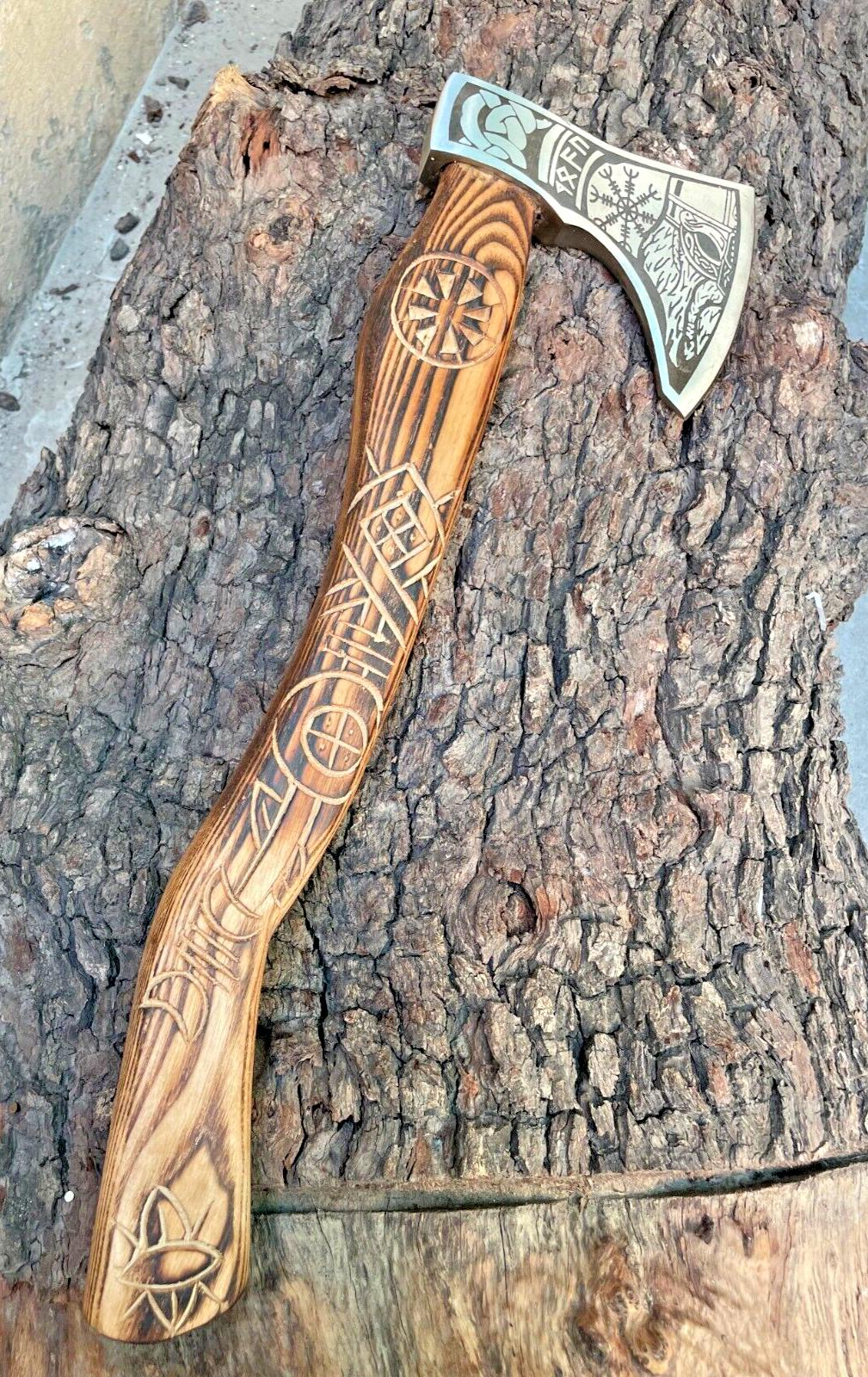 Custom Forged Bushcraft Viking Axe 22 Inch Carbon Steel Camping Hatchet with Leather Sheath