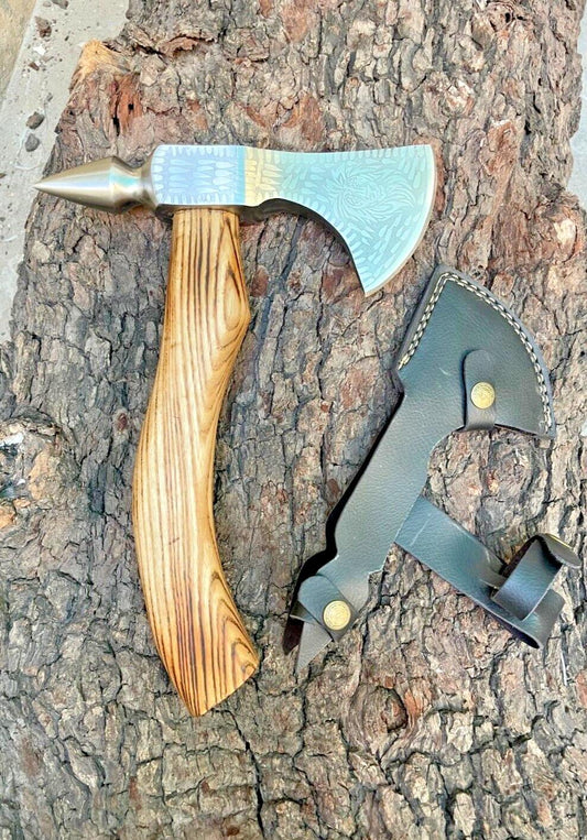 Custom Forged Carbon Steel Viking Axe with Wooden Handle and Leather Sheath for Camping and Bushcraft