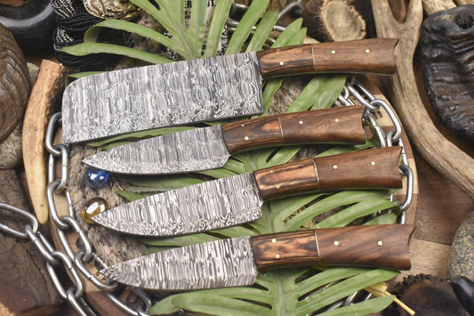 Custom Forged Chef Knife Set – Twist Damascus Steel with Walnut Wood Handles (Lot of 4 Camping Knives)