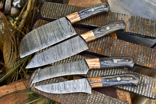 Custom Forged Chef Knife Twist Damascus Pakka Wood Lot of 4 EDC