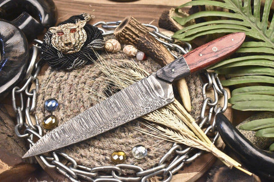 Custom Forged Chef Knife – Twist Damascus Steel with Hardwood Handle for Outdoor & Kitchen Use