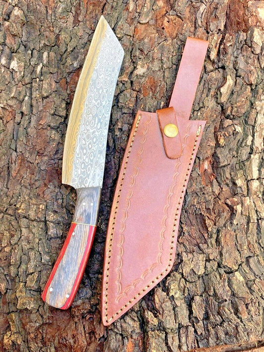 Custom Forged Damascus Steel Chef Knife – Kitchen Cleaver with Wood Handle & Leather Sheath